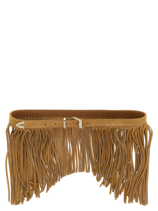 Belt by PINKO for women in suede calfskin leather & rhinestone beige, camel & gold features an artisanal finish, elegantly showcasing the signature style and artisanal craftsmanship of the Suede Calfskin Leather & Rhinestone Belt design.