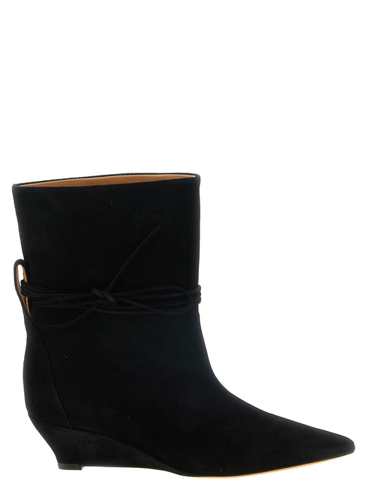 Wedge Ankle Strap Boots by ODISSI for women in suede calfskin leather black features an enchanting design from the Gemma Women's Suede Calfskin Leather Wedge Ankle Strap Boots collection, highlighting a enchanting wedge and for a refined look.