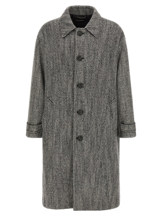 Overcoat by Dolce & Gabbana for men in virgin wool multicolor, patterned, chevron & herringbone showcases a architectural silhouette, artfully detailed with a distinctive split neckline and functional pockets for a architectural finish.