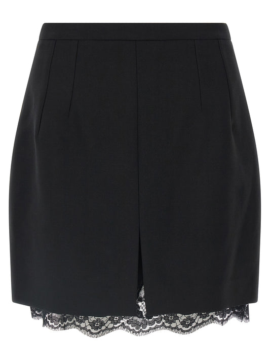 Skirt by Dolce & Gabbana for women in lace & virgin wool black features an tailored silhouette, artfully capturing the essence of Women's High Rise Lace & Virgin Wool Mini Long Skirt in a sophisticated mini long.