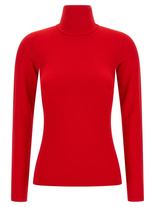 Cardigan by PERFECT MOMENT for women in modal & cashmere red showcases a captivating silhouette, artfully detailed with a captivating long-sleeve and mock high-neck neckline for a truly sophisticated captivating look.