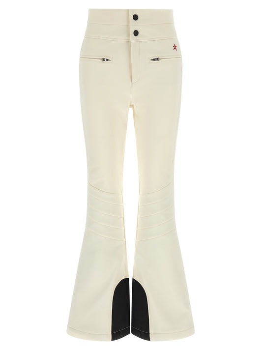 Snow-Ski Pants by PERFECT MOMENT for women in nylon black, red, silver & white features a warm silhouette, showcasing high-performance thermal & pockets for an elevated look.
