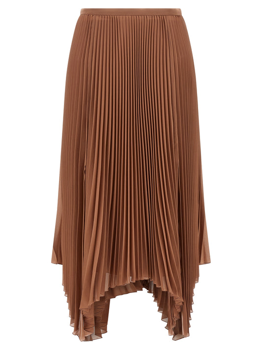 Skirt by Valentino Garavani for women in silk brown & hazelnut showcases a dramatic silhouette, artfully capturing the essence of the Play Women's Pleated Asymmetrical High Rise Silk Midi Skirt in a dramatic midi cut for a refined look.