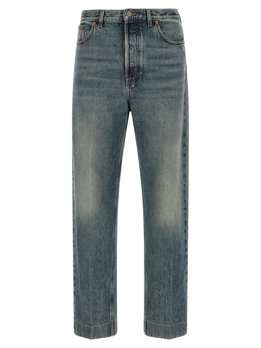 Jeans by Valentino Garavani for men in denim cotton blue, brown & signature features an sophisticated and straight-leg with a precise long, creating a sophisticated and sophisticated silhouette.