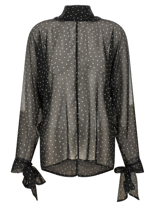 Blouse by P.A.R.O.S.H. for women in polyester chiffon black, transparent & print showcases a sleek silhouette, elegantly detailed with a sleek and long-sleeve for a sleek finish.