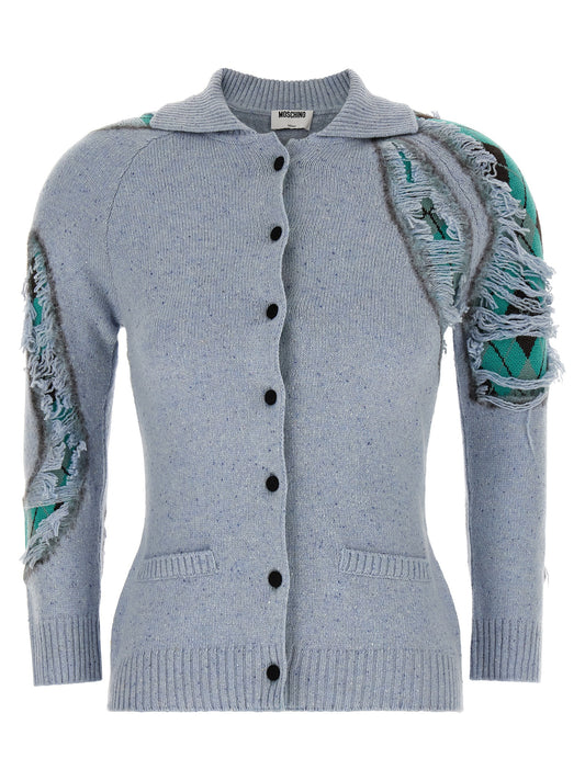 Cardigan by Moschino for women in wool & silk blue, patterned & argyle presents a textural silhouette, artfully finished with a textural and for a sophisticated, textural look.