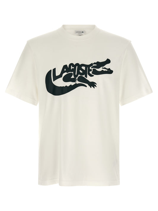 Activewear T-Shirt by Lacoste for men in organic cotton & crocodile skin leather black, green, white & print features a dynamic silhouette with short-sleeve and crew neckline enhanced by functional .