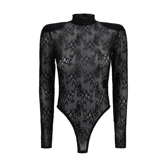Bodysuit by Nissa for women in nylon lace & rhinestone black features an exquisite silhouette with a refined crew neckline and exquisite detailing.
