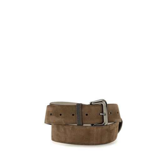 Belt by Brunello Cucinelli for women in suede leather & denim brown & signature features a versatile silhouette, artfully showcasing the versatile design of the Suede Leather & Denim Belt for a sophisticated, premium finish.