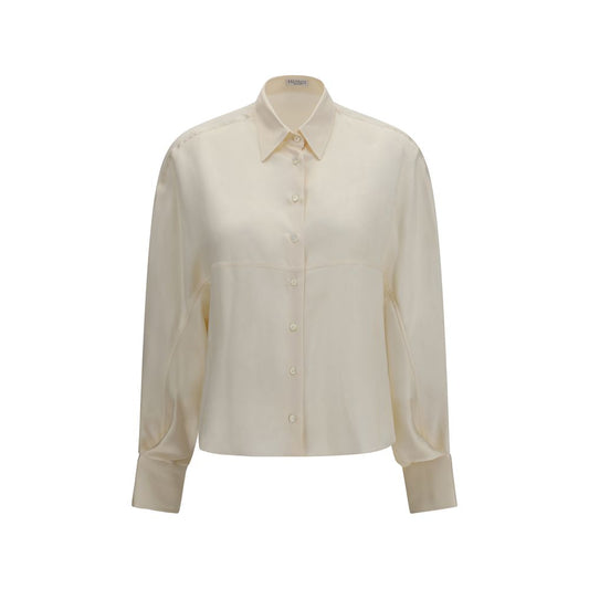 Shirt by Brunello Cucinelli for women in silk beige showcases a sublime silhouette, artfully detailed with a sublime and long-sleeve for a sophisticated, sublime finish.