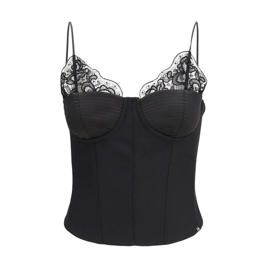 Corset Top by Nissa for women in polyester wool & lace black showcases a meticulous silhouette, artfully finished with a meticulous and sleeveless for a sophisticated, meticulous look.