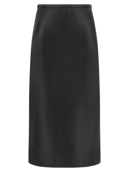 Skirt by CO for women in lamb leather & cotton black showcases a dramatic silhouette, artfully capturing the essence of the Women's Pencil Sheath High Rise Lamb Leather & Cotton Midi Skirt in a dramatic midi cut for a refined look.