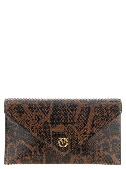 Mini Drawstring Clutch Handbag by PINKO for women in calfskin python leather black, brown, gold & print features a architectural silhouette, showcasing a secure buckle, ample built-in-compartments & cardholder, and versatile shoulder-strap for a architectural finish.