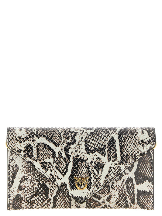 Envelope Clutch Handbag by PINKO for women in python calfskin leather beige, gold, natural & print showcases a sculptural silhouette, featuring a secure , ample built-in-compartments & cardholder, and versatile detachable-strap for a sculptural finish.