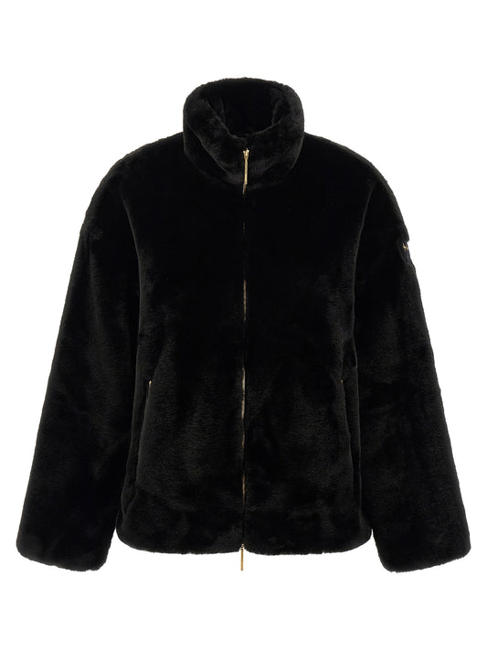 Overcoat by Tatras for women in polyester & fur black & gold features an voluminous silhouette, showcasing distinct pockets and a voluminous high-neck neckline for a truly voluminous aesthetic.