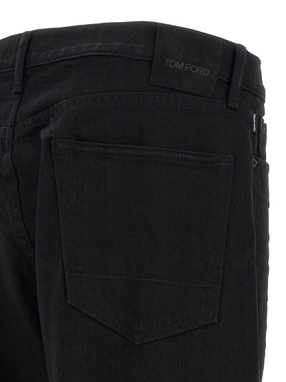 Jeans by Tom Ford for men in stretch denim cotton black & signature presents a tailored silhouette, showcasing a tailored straight-leg and long cut with a refined for a truly tailored aesthetic.