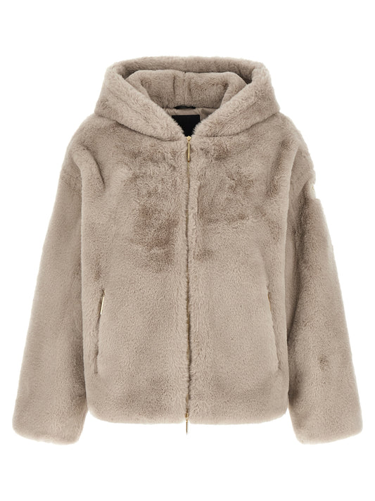 Hooded Overcoat by Tatras for women in plush polyester beige, gold & signature features an satoral silhouette, showcasing a sophisticated hooded neckline and satoral pockets & hooded for a premium, timeless look.