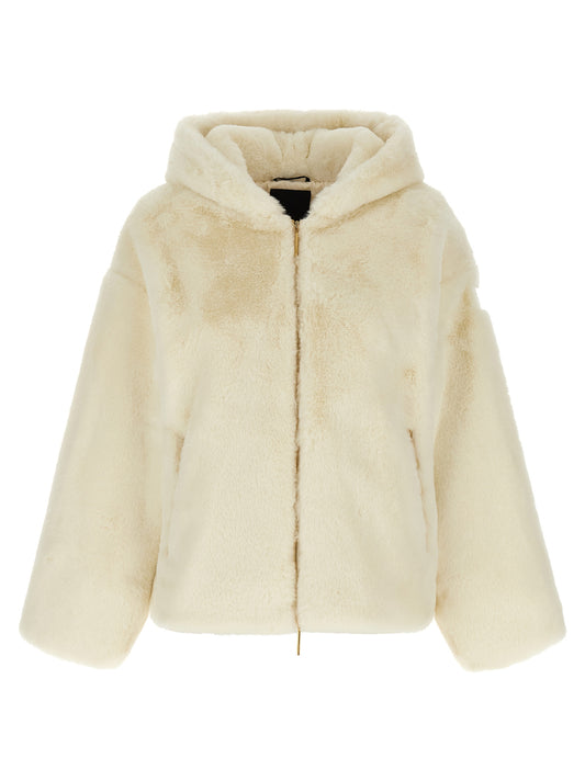 Hooded Overcoat by Tatras for women in metal plush & polyester cream, gold & white showcases a architectural silhouette, artfully detailed with a distinctive hooded neckline and functional pockets & hooded for a architectural finish.