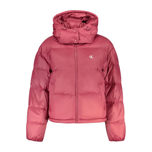 Hooded Windbreaker Jacket by Calvin Klein for women in nylon red & print features an enduring silhouette, showcasing technical pockets, hooded & windproof and a sophisticated hooded neckline for a truly enduring aesthetic.