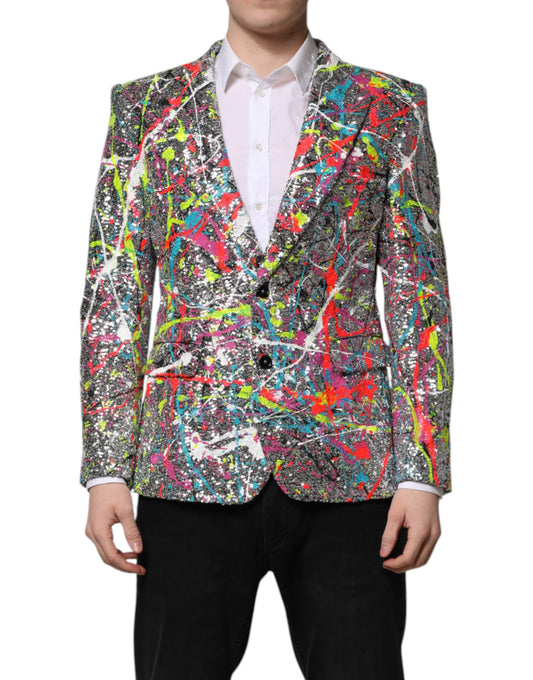 Tuxedo by Dolce & Gabbana for men in polyester silk viscose & nylon gray, multicolor, silver & patterned showcases an tailored silhouette, artfully detailed with a sophisticated single-breasted neckline and a tailored slim for a refined, high-fashion look.