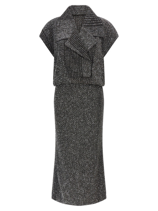 Dress by Missoni for women in polyamide polyester & metallized fiber black & gray features a dramatic silhouette, showcasing an elegant lapel neckline and that flows into a dramatic midi.