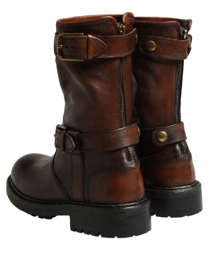 Dolce & Gabbana Brown Leather Mid Calf Biker Boots Shoes