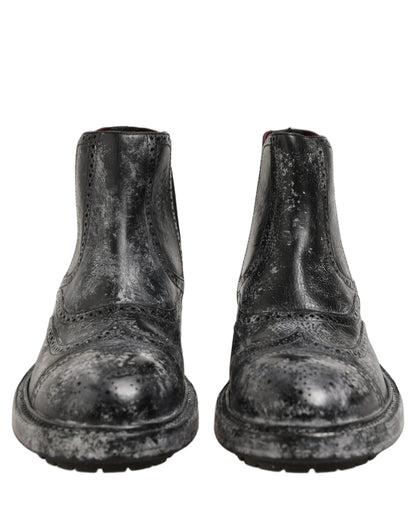 Dolce & Gabbana Black Gray Leather Ankle Chelsea Boots Shoes