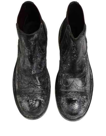 Dolce & Gabbana Black Gray Leather Ankle Chelsea Boots Shoes