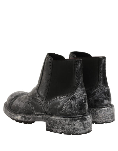 Dolce & Gabbana Black Gray Leather Ankle Chelsea Boots Shoes