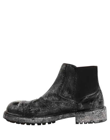 Dolce & Gabbana Black Gray Leather Ankle Chelsea Boots Shoes