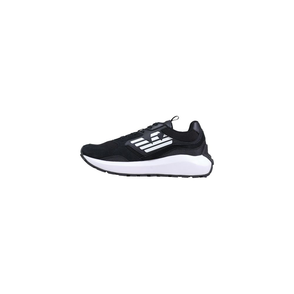 Athletic Sneakers by EA7 Emporio Armani for men in polyethylene & polyurethane black & white showcases a architectural silhouette, artfully capturing the essence of the Men's Athletic Polyethylene & Polyurethane Sneakers with its signature architectural athletic style construction.