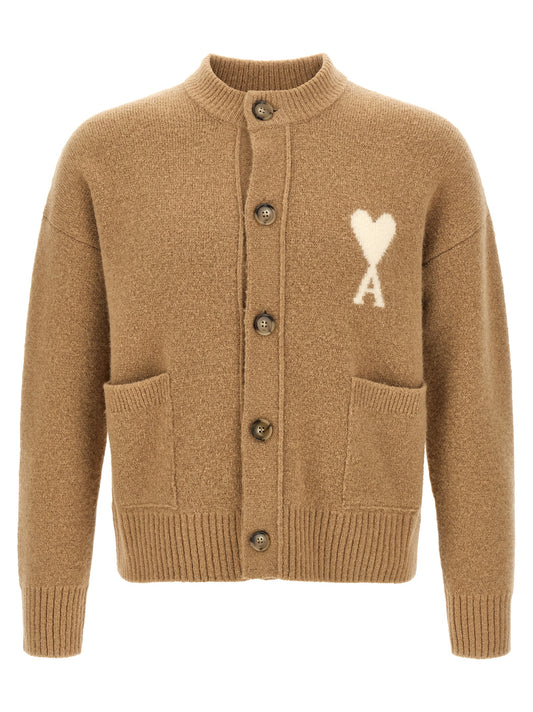 Cardigan by Ami Paris for women in polyamide leather & alpaca wool beige, camel & horn showcases a luxurious silhouette, meticulously detailed with a sophisticated round neckline and for a refined finish.