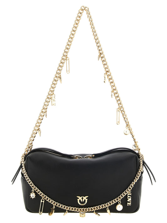 Mini Shoulder Bag by PINKO for women in lambskin leather black & gold features a effortless sophistication silhouette, secured by a zipper with ample and versatile shoulder-strap, adjustable-strap & detachable-strap for a effortless sophistication finish.