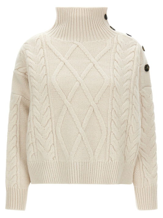 Cardigan by Yves Salomon for women in cashmere wool cream, horn, white & patterned showcases a captivating silhouette, artfully detailed with a captivating and high-neck neckline for a truly sophisticated captivating look.