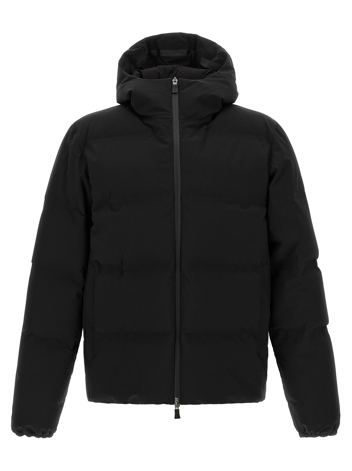 Hooded Puffer Jacket by Herno for men in stretch polyamide black features a dramatic silhouette, showcasing a sophisticated hooded neckline and distinctive breathable-design, water-resistant, windproof, hooded & insulated for a dramatic aesthetic.