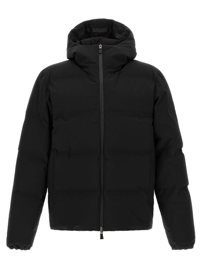 Hooded Puffer Jacket by Herno for men in stretch polyamide black features a dramatic silhouette, showcasing a sophisticated hooded neckline and distinctive breathable-design, water-resistant, windproof, hooded & insulated for a dramatic aesthetic.