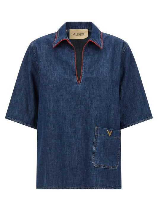 Blouse by Valentino Garavani for women in denim cotton dark-blue, gold, red & signature features an architectural silhouette with a refined short-sleeve and elegant v-neck neckline for a architectural look.