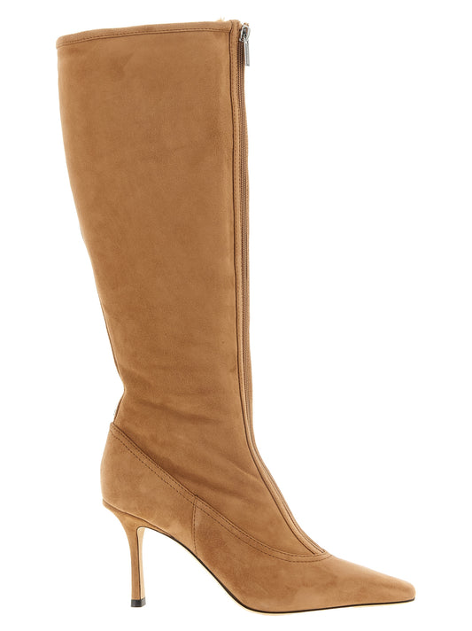 Stiletto High Knee-High Over-The-Knee Winter Boots by Jimmy Choo for women in suede lamb leather & velvet beige & monogram features an dynamic silhouette, showcasing the dynamic Women's Suede Lamb Leather & Velvet Stiletto High Knee-High Over-The-Knee Winter Boots design with its distinctive stiletto and elegant .