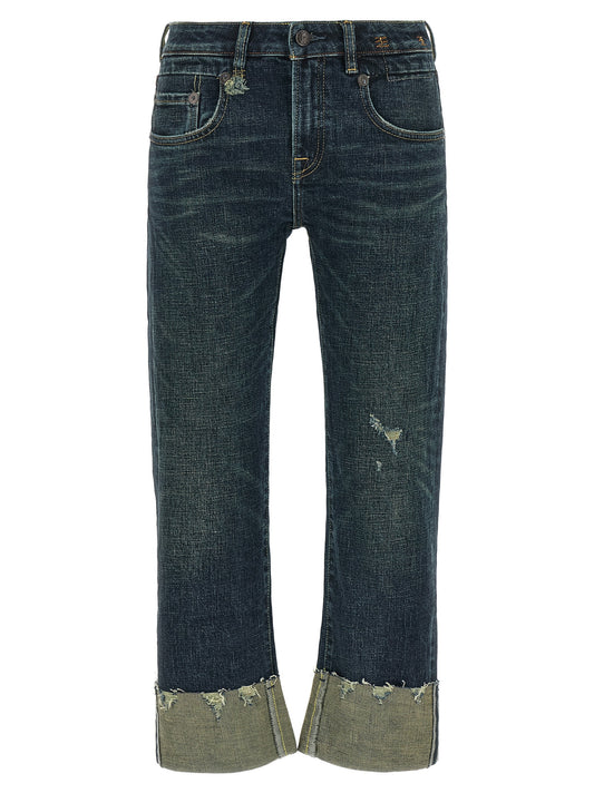 Jeans by R13 for women in stretch denim cotton dark-blue features an sartorial straight-leg & wide and long with a cut for a sartorial finish.