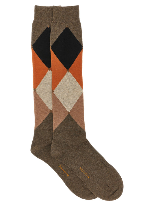 Socks by Ballantyne for men in stretch polyamide cotton black, brown, orange & patterned features a snug silhouette, artfully capturing the essence of the snug Men's Stretch Polyamide Cotton Socks design for a sophisticated look.