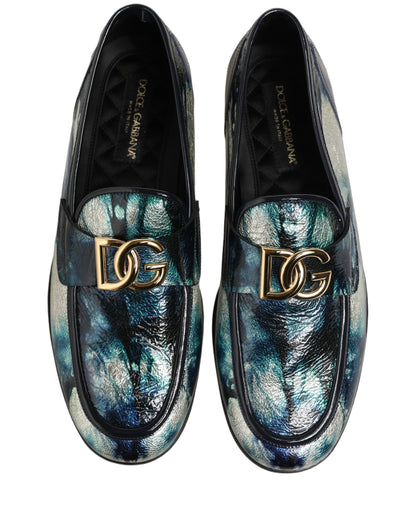 Dolce & Gabbana Metallic Blue Silver Leather DG Loafers Shoes