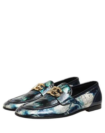 Dolce & Gabbana Metallic Blue Silver Leather DG Loafers Shoes