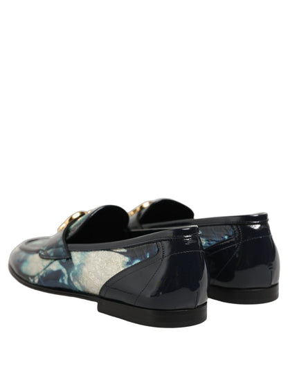 Dolce & Gabbana Metallic Blue Silver Leather DG Loafers Shoes