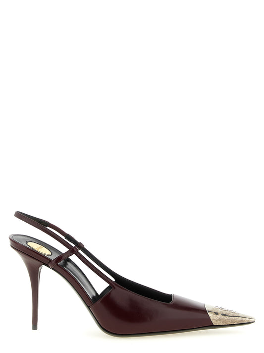 High-Heel Stiletto Slingback Pumps Heels by Saint Laurent for women in lamb leather bordeaux, burgundy, gold & silver features an captivating silhouette, showcasing the elegant Cassandre Women's Lamb Leather High-Heel Stiletto Slingback Pumps Heels design with a stiletto high-heel and a sophisticated .