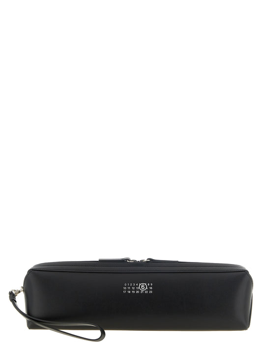 Clutch Handbag by MM6 Maison Margiela for women in cowhide leather black, silver, white & signature features a sculptural silhouette with a secure zipper, ample , and versatile wristlet for a sculptural finish.