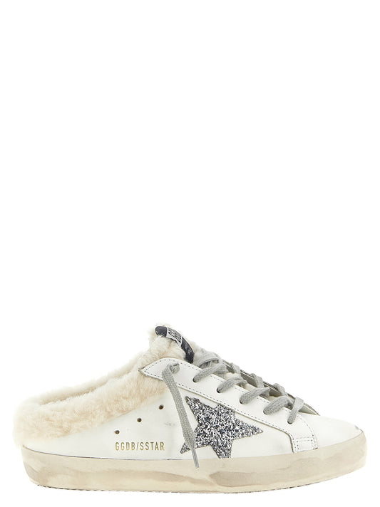 Sliders Flat Shoes by Golden Goose for women in polyethylene polyester leather gold, silver, white & signature presents a effortless chic silhouette, showcasing the Star Women's Polyethylene Polyester Leather Sliders Flat Shoes design with a effortless chic and for a sophisticated look.