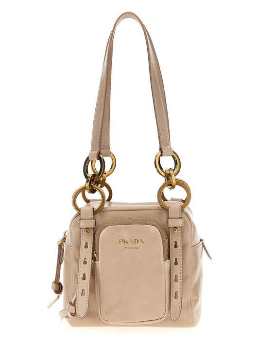 Mini Handbag by Prada for women in calfskin leather multicolor & pink features an refined silhouette, showcasing a secure zipper, ample , and versatile handle for a sophisticated refined aesthetic.