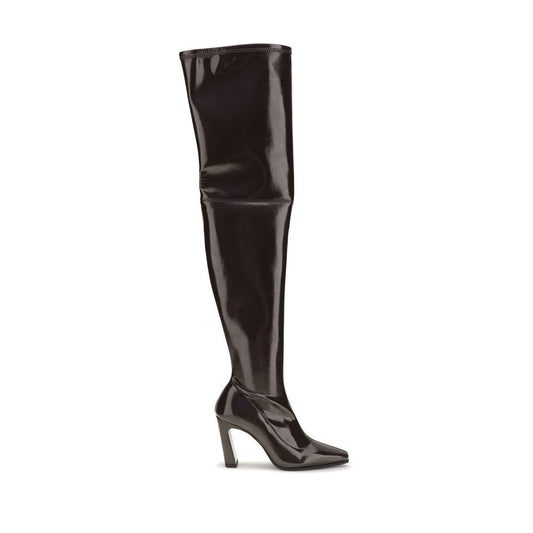 Over-The-Knee Boots by Stuart Weitzman for women in leather & rayon brown features an avant-garde Women's Leather & Rayon Over-The-Knee Boots silhouette, defined by a sophisticated block-heel and a avant-garde .