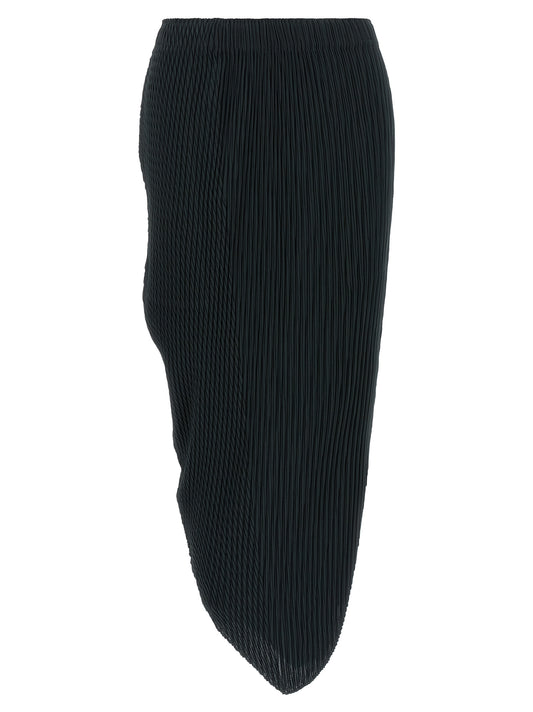 Skirt by Issey Miyake for women in polyester dark-blue & patterned showcases a sultry silhouette, elegantly defined by its midi and the sophisticated sultry design of the Women's Polyester Midi Skirt.