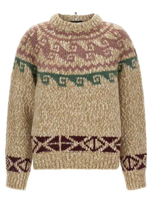 Cardigan by Moncler Grenoble for women in alpaca wool & nylon beige, burgundy, green, jacquard & signature features a nuanced silhouette with a refined and nuanced detailing for a sophisticated look.
